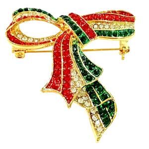 Festive Christmas Brooch Gold Setting Red Green Rhinestones Festive Bow Pendant